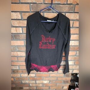 Harley-Davidson Womens xl Long Sleeve Henley Ribbed Plaid Trim Elbow Patches